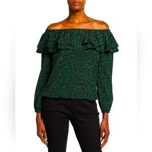 Michael Kors Green/Black Leopard Print Off Shoulder Blouse Size Medium